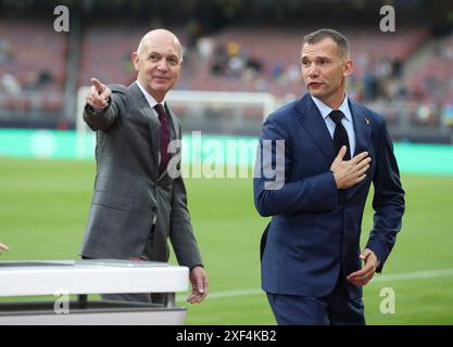 Nürnberg, Deutschland. Juni 2024. firo : 03.06.2024, Fußball, Fußball: DFB-Nationalmannschaft, Freundschaftsspiel, internationale Matches Männer, Männer, GER, Deutschland - UKR, Ukraine DFB-Präsident Bernd Neuendorf mit dem ehemaligen Spieler Andriy Schewtschenko, Schewtschenko, Schewtschenku, Ukraine Credit: dpa/Alamy Live News Stockfoto