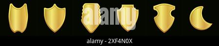 Set realistischer goldener Wappenschilde. Kollektion aus Glas und Hochglanzschild. Vektorabbildung. Stock Vektor
