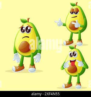 Set aus niedlichen Avocadofiguren mit verschiedenen Gesichtsausdrücken. Perfekt für Kinder, Merchandise und Aufkleber Stock Vektor