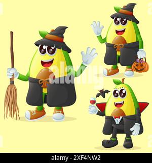 Set mit niedlichen Avocadofiguren an Halloween. Perfekt für Kinder, Merchandise und Aufkleber, Werbebanner oder Blogs Stock Vektor