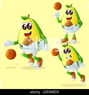 Ein Set niedlicher Avocado-Charaktere, die Basketball spielen. Perfekt für Kinder, Merchandise und Aufkleber, Werbebanner oder Blogs Stock Vektor