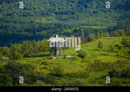 Aus der Vogelperspektive, Aussichtsturm Eggeturm auf dem Lippischen Velmerstot, Baustelle für Renovierung, Teutoburger Wald, Veldrom, Horn-Bad Mei Stockfoto