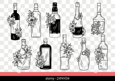 Die Flaschen Alkohol aus der Restaurant-Bar mit Weinkarte sind mit Blütenknospen dekoriert. Flaschen für Wodka und Cognac oder Bier und Tequila für Partys zu Ehren der Frühlingsferien. Handgezeichnete Kritzelei Stock Vektor