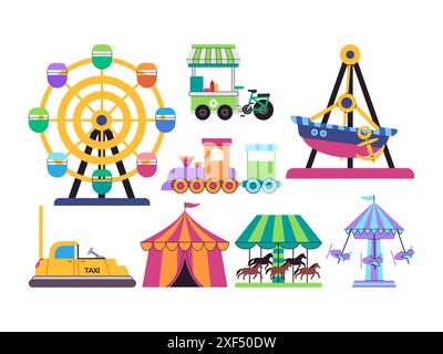 Stellen Sie Vergnügungspark Riesenradboot Karussell Stoßwagen und Zelt Zirkus Unterhaltungs Festival Stock Vektor