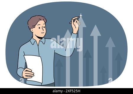 Ein Geschäftsmann zeichnet einen Pfeil auf einem virtuellen Bildschirm, der das Wachstum von Unternehmensinvestitionen analysiert. Erfolgreicher Geschäftsmann, der eine digitale Grafik der Gewinnschwankungen oder der Zunahme der Anzahl der Käufer vorführt Stock Vektor