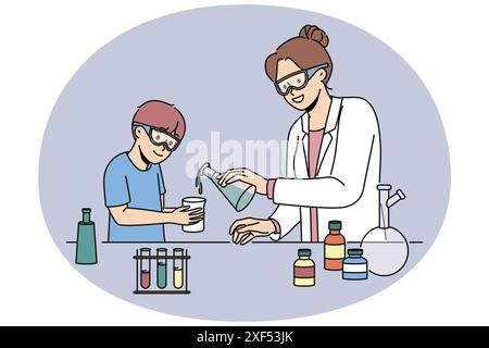Chemielehrerin lehrt Jungen, Laborexperimente durchzuführen und Reagenzien in Reagenzgläsern zu mischen. Schullaboratorium mit mit chemischen Flüssigkeiten gefüllten Kolben für die Unterrichtszwecke von Kindern Stock Vektor