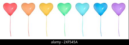 Herzförmige Ballons in verschiedenen Farben isoliert auf weiß, Sammlung Stockfoto