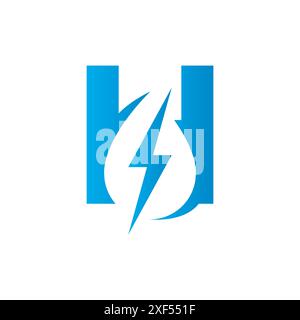 Initial Letter H Tropfen mit Thunderbolt Logo Design Konzept. Initial Letter H Hydro Logo mit negativem Space Water Drop Symbol und Thunderbolt Design Stock Vektor