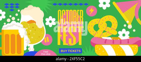Horizontales Oktoberfest-Banner. Große Bierbecher, Essen, viel Bier, Musik und festliche Atmosphäre. Perfekt für Web, Werbung, Poster und Druck Stock Vektor