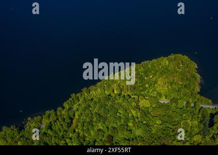 Aus der Vogelperspektive Möhnesee Südufer mit Friedhofswald und Baumschäden, Friedhof, Dürre im Wald, Stausee, Rindenkäfer-Befall, Baumbestattung Stockfoto