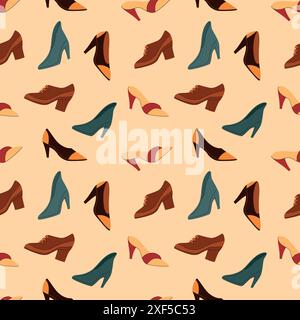 Nahtloses Vektormuster mit verschiedenen Damenschuhen. Stilvolle und trendige Modeillustration Stock Vektor