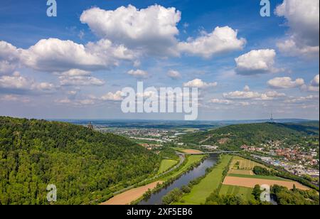 Luftaufnahme, Kaiser-Wilhelm-Denkmal, Kulturdenkmal, Wiehengebirge und Weser, Fernsehturm Porta Westfalica, Fernsicht mit blauem Himmel Stockfoto