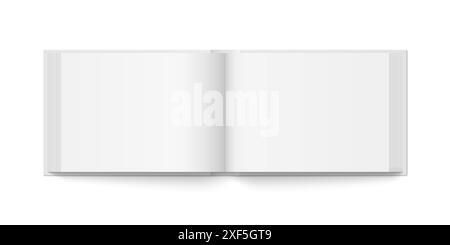 Vektormodell des Hardcover-horizontalen Buchausschnitts mit weißem Einband isoliert. Realistische Buch-, Broschüren- oder Broschürenvorlage auf weißem Hintergrund geöffnet. Stock Vektor