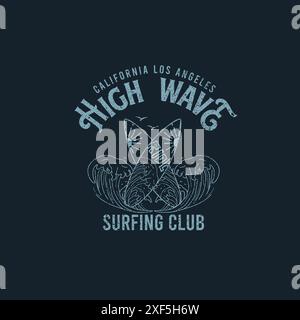Vintage High Wave Surfing Club Typografie Sommer Beach Graphic T-Shirt Stock Vektor