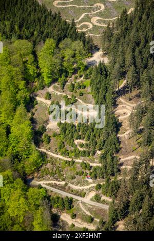 Blick aus der Vogelperspektive, Green Hill Bikepark, Mountainbikeweg im Stadtteil Gellinghausen, Serpentine bergab, umgeben von Wald, Wiesen und fels Stockfoto