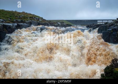 An einem regnerischen Herbsttag in Teesdale, England, Großbritannien, ist der Fluss Tees am Wasserfall Cauldron Snout am Staudamm des Cow Green Reservoir in voller Wassertiefe Stockfoto