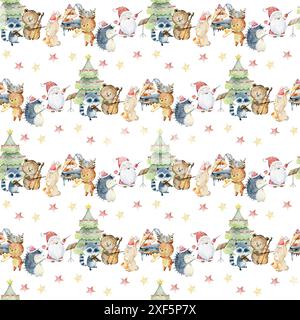 Aquarell weihnachten nahtlose Muster mit Tieren spielen Musikinstrumente. Stockfoto