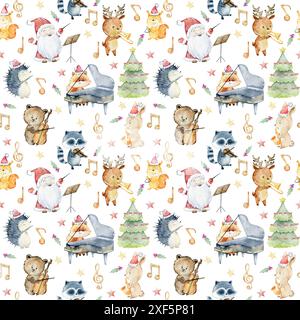 Aquarell weihnachten nahtlose Muster mit Tieren spielen Musikinstrumente. Stockfoto