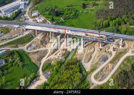 Luftaufnahme, Baustelle und Neubau des Eisernviadukts, Autobahn A45 Sauerlandlinie, Eisern, Siegen, Siegerland, N Stockfoto