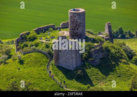 Aus der Vogelperspektive, Schloss Desenberg auf einem Vulkankegel, historische Sehenswürdigkeit, Ruinen einer Burg auf einem Hügel in der Warburg Börde, Besucher auf der Aussichtsplattform, Stockfoto