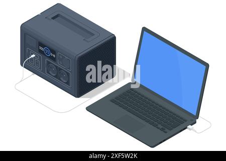 Isolierter tragbarer Akku für Zuhause für Backup und Laptop. Home Backup-Lösung. Tragbare Stromversorgungsbatterie für Camping und Angeln Stock Vektor