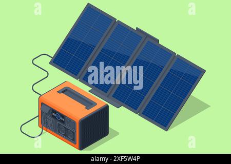 Isolierter tragbarer Akku für Zuhause, entwickelt für Backup und tragbares Solarmodul. Home Backup-Lösung. Tragbare Stromversorgungsbatterie für Stock Vektor