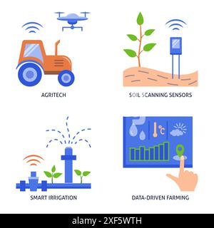Smart Agricultural Flat Symbolset. Agritech, Bodenscan, automatische Bewässerung. Vektorabbildung. Stock Vektor