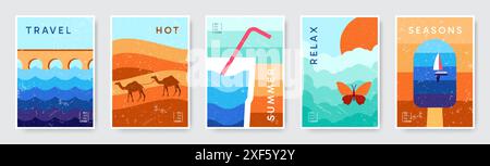 Sommer-Poster. Minimale Yacht, Seereise, Banner Typografie, Reise an der Küste, Urlaubskarte. Dessert mit Kamelen, kaltes Getränk. Minimalistisches Illustrationsset. Vektorhintergrundsammlung Stock Vektor