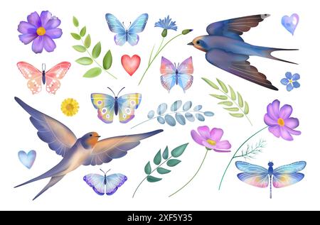 Schmetterling und Blumen. Frühlingshafte Natur. Fliegende Schwalbenvögel. Herbsttiere und wilde Blumenpflanzen. Blütenzweige. Aquarellzeichnung. Wildblumenblätter. Sommergarten. Vektor-Scrapbook-Set Stock Vektor