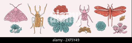 Insekten. Käfer-, Ameisen- und Schmetterlingstierkäfer, süße Bienen und kleine Marienkäfer Fliegenfiguren, KinderLibelle. Isolierte moderne, farbenfrohe Dekoelemente mit Struktur. Vektor-zeitgenössische Illustration Set Stock Vektor