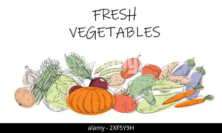 Frisches Gemüse. Handgezogene Ernte. Kürbis, Aubergine und Zwiebeln. Bunte Karotten-, Kohl- und Knoblauchkomposition, vegetarische Kochprodukte. Organische Inhaltsstoffe. Illustration des Vektorskizzenstils Stock Vektor