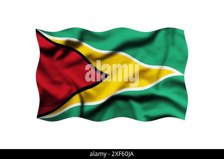 Die Flagge von Guyana auf weißem Hintergrund schwenken. 3D-Rendering. Beschneidungspfad Enthalten Stockfoto