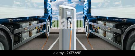 Die Batterien von Elektrofahrzeugen werden über die Ladestation geladen. Konzept... Stockfoto