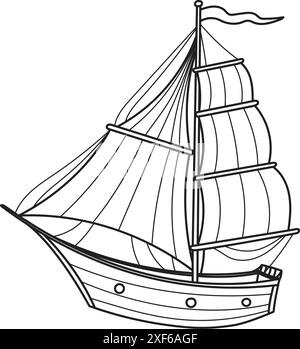Segelboot Vektor-Illustration. Lineare Zeichnung von Segelschiffen für Babymalbücher. Skizze von Boot oder Yacht für kindliches Design im nautischen Stil. Linienkunst von Sailer auf isoliertem Hintergrund. Stock Vektor