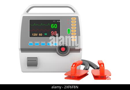 Automatisierter externer Defibrillator, automatischer elektronischer Defibrillator AED, 3D-Rendering isoliert auf weißem Hintergrund Stockfoto