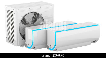 Split-System-Klimaanlage mit zwei Wandeinheiten für Innenräume und Kompressoreinheit für Außenbereiche, 3D-Rendering isoliert auf weißem Hintergrund Stockfoto