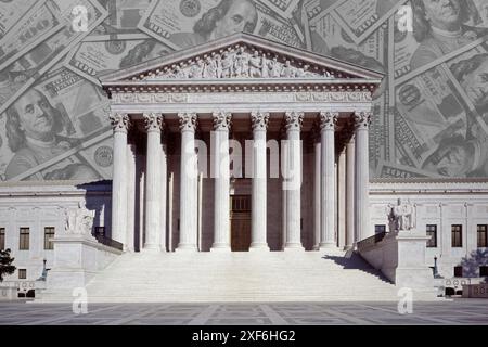 Das Gebäude des United States of America Supreme Court in Washington D.C. ist überlagert von einer Sammlung von 100-Dollar-Scheinen. Stockfoto