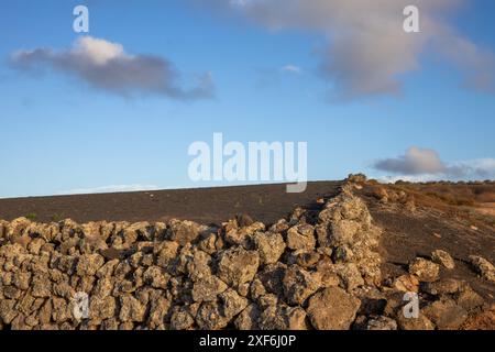 Sandiger Boden, voller Kies und größeren Steinen. Trockener und einsamer Boden. Zaun aus den größten Steinen, die auf dem Feld gefunden wurden. Blauer Himmel mit weißem cl Stockfoto