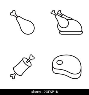 Symbolgruppe für fleischbezogene Zeilen. Rindfleisch, Steak, Schinken, Huhn. Vektorabbildung. Stock Vektor