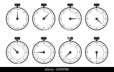 Zeilensymbole der Stoppuhr eingestellt. Zeitschaltuhr. Vektorabbildung. Stock Vektor