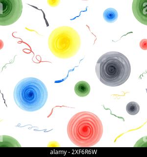 Abstrakte, mehrfarbige Bänder, nahtloses Muster mit Kreisen. Lebendige Töne, anmutige Striche mit Polka Dots. Runde Doodle Stockfoto