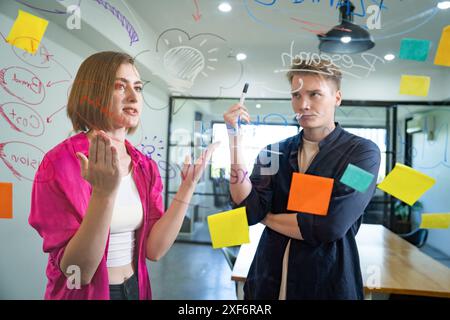 Einige Geschäftsleute diskutieren und Brainstorming über die Lösung von Marketingproblemen vor einer Glaswand bei Geschäftstreffen mithilfe von Mindmap an Stockfoto