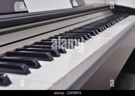 Seitenansicht der Klaviertastatur. Musikinstrument. Schwarz-weiße Klaviertasten Stockfoto