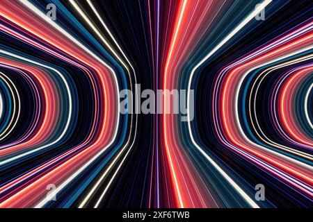 3D-Illustration eines Lichttunnels aus leuchtenden Neonlinien. 3D-Rendering von hellen Lichtspuren, perspektivische Ansicht Stockfoto