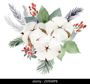 Aquarell weihnachtsstrauß mit Baumwollblumen. Isoliert auf weißem Hintergrund. Stockfoto