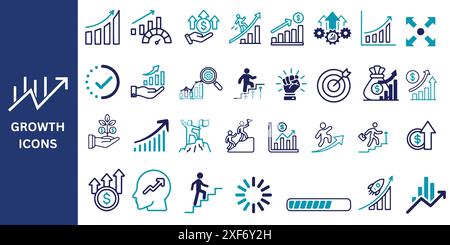 Symbolgruppe „Wachstum“. Growth Symbolpaket. Wachsen, Leistung, steigern, gewinnen, verbessern, Diagramm, Evolution, Entwicklung und weitere Symbole, Vektorillustration. Stock Vektor