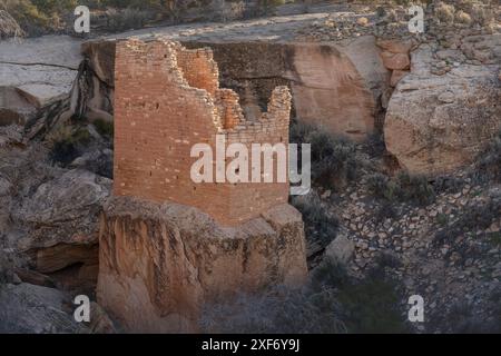 USA, Colorado, Canyons of the Ancients National Monument. Alte Pueblo Ruine genannt Holly Tower. Stockfoto
