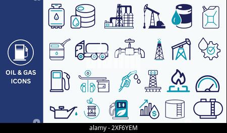 Symbolgruppe Öl Und Gas. Ölbrunnen, Ölfass, Gaspumpe, Offshore-Plattform, Kraftstoff, Raffinerie und Erdöl, Ikonen. Vektorabbildung. Stock Vektor