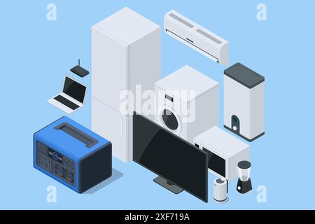 Isolierter tragbarer Akku für Zuhause, Mikrowellenherd und Wasserkocher, Kühlschrank und elektrische Haushaltsgeräte. Tragbare Stromversorgung Stock Vektor