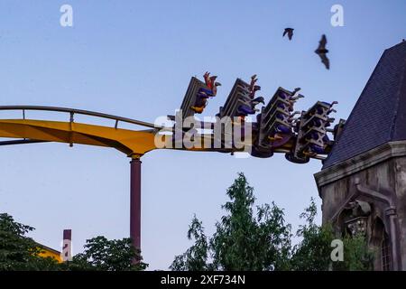 Madrid, Spanien. Juli 2024. Echte Fledermäuse fliegen in der Abenddämmerung an einer Achterbahn im Freizeitpark Parque Warner in Spanien. Autor: Thomas Faull/Alamy Live News Stockfoto